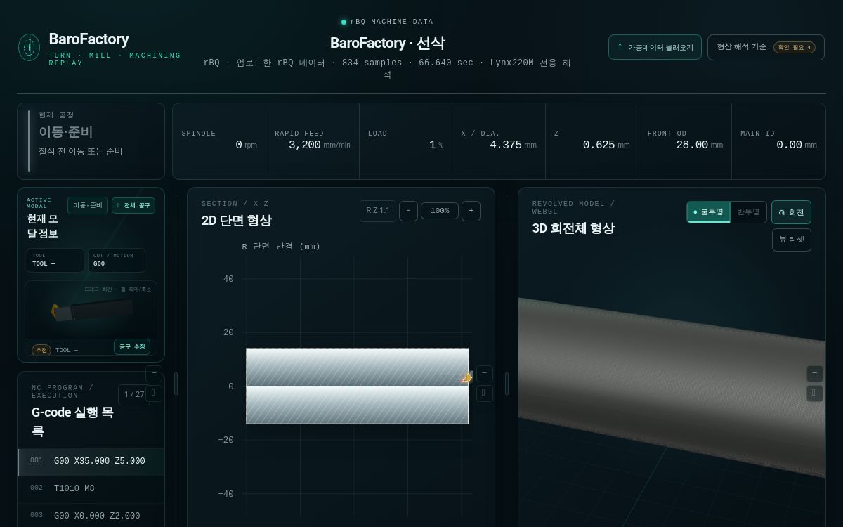 BaroFactory Turning Replay에서 실제 가공 위치와 공구 움직임을 2D와 3D로 함께 확인하는 화면